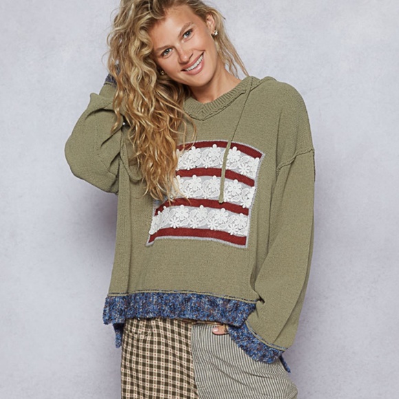 POL “ Sage “ POL Chenille Hoodie Sweater with Flag Detail 36 - Picture 6 of 6